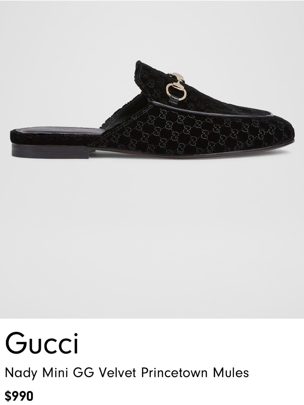Gucci Black GG Velvet Slip-On Mules with Gold Horsebit